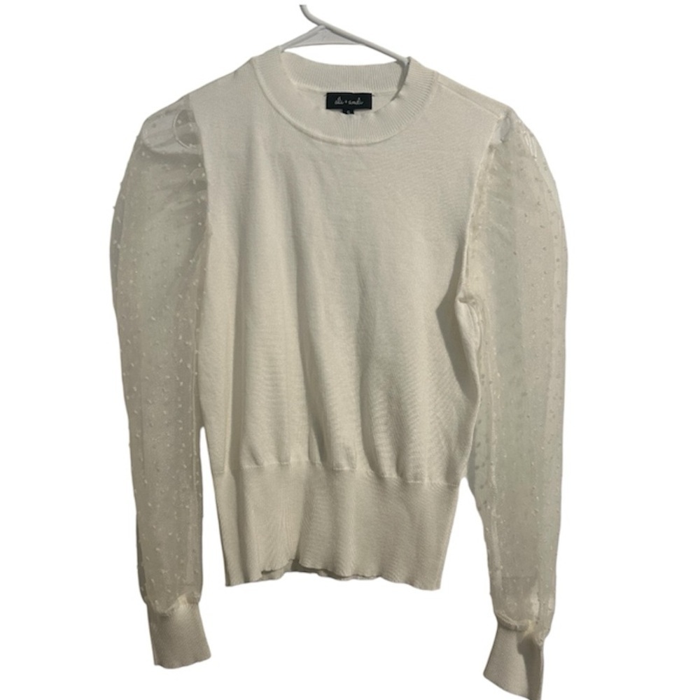 Ali + Andi White Sheer Puff Long Sleeve Sleeve Pullover Blouse Crew Neck Elegant